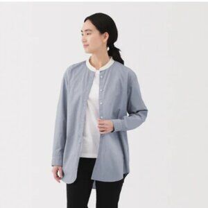 Muji 100% Cotton Stand/Mandarin Collar Blue & White Striped Shirt (Size L)